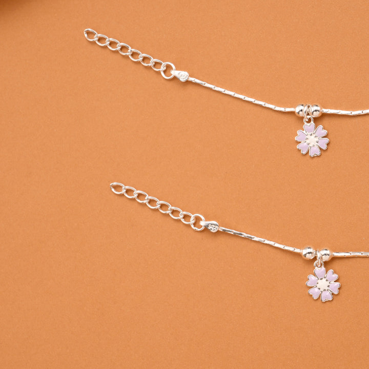 Floral Purple Enamel Silver Baby Anklets