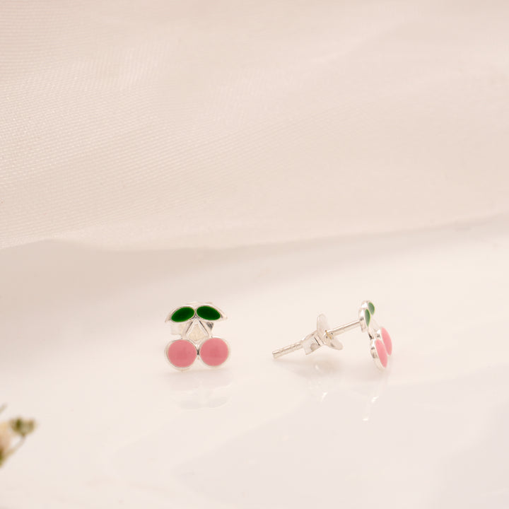 Cute Cherry Enamel Silver Stud