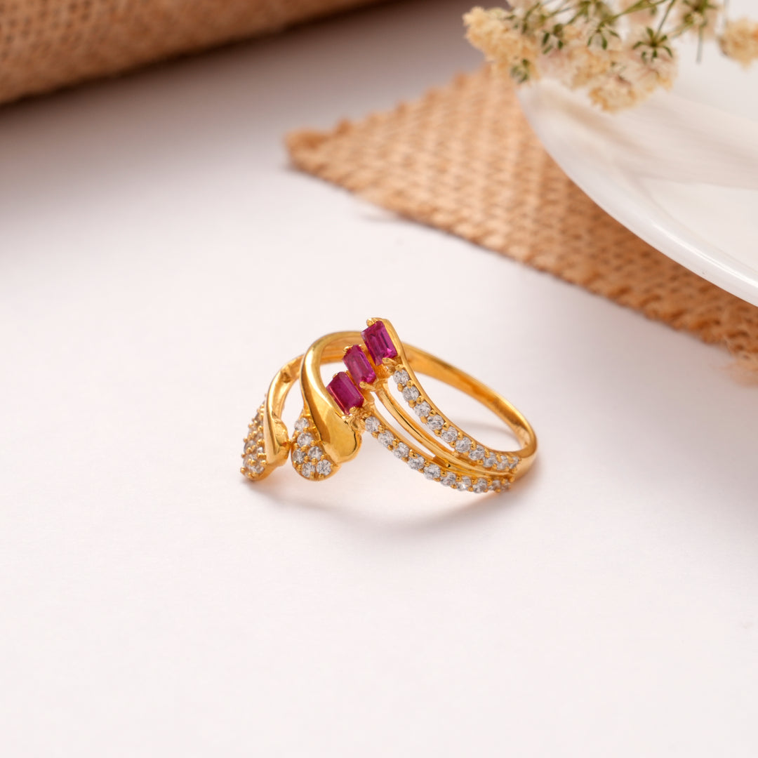 Ruby Stone Flower Design Golden Ring