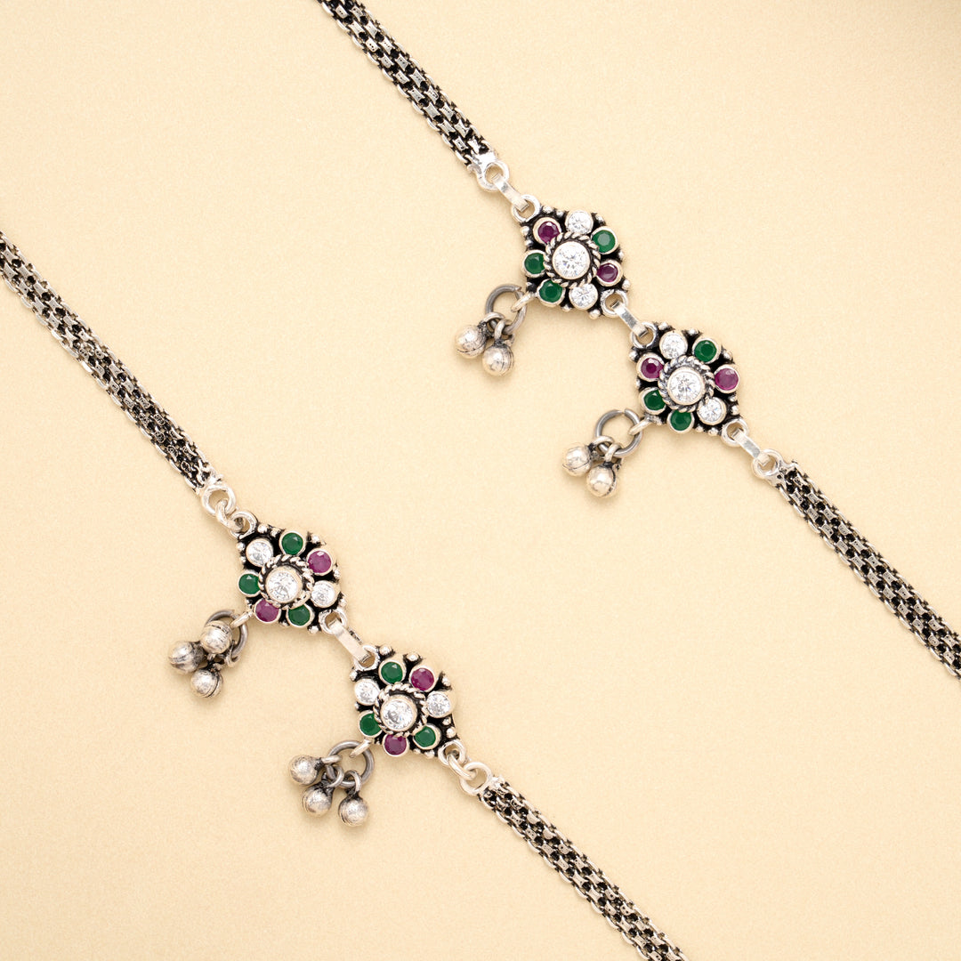 Silver Floral Dew Drop Antique Anklet