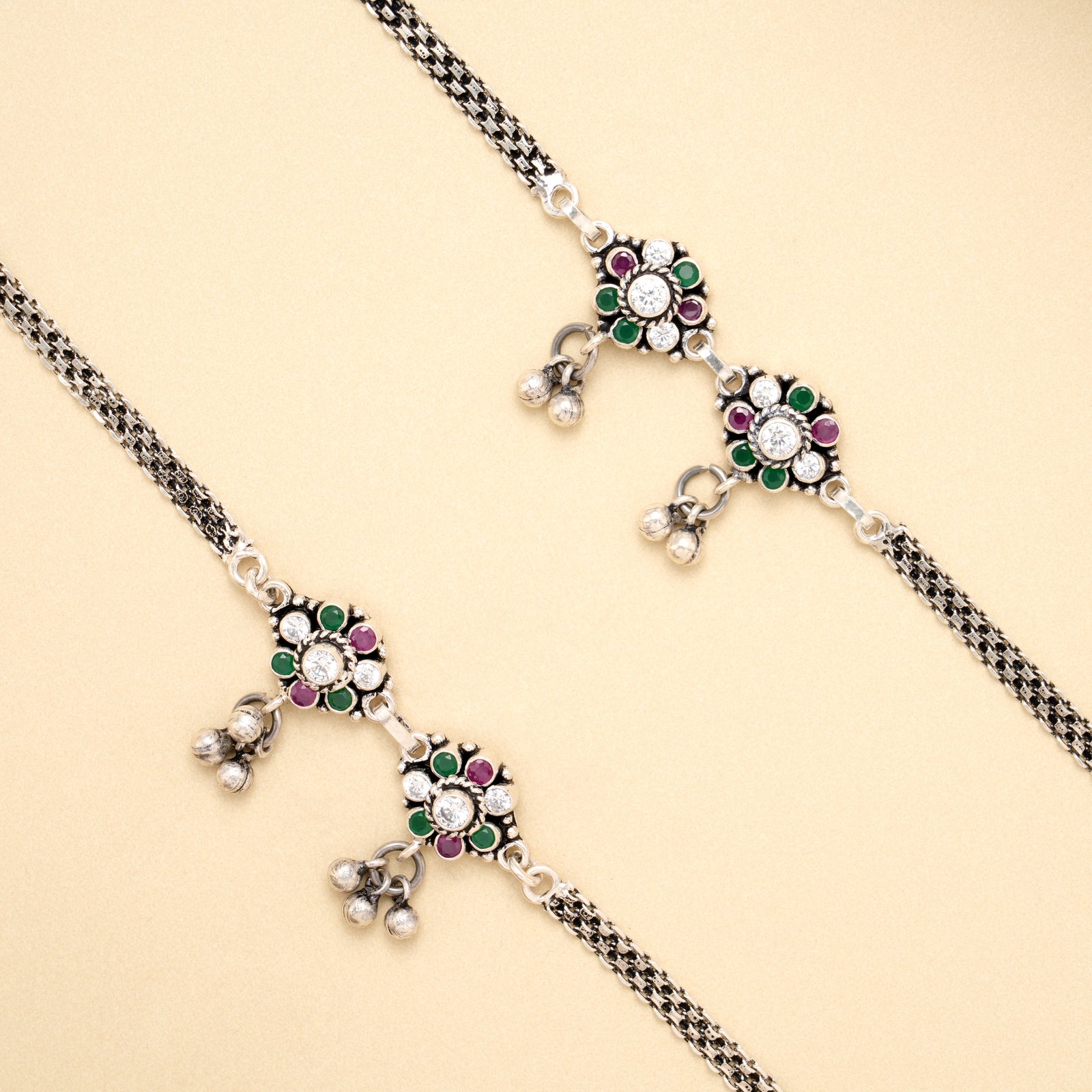 Silver Floral Dew Drop Antique Anklet