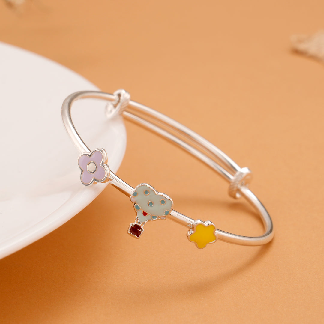 Tiny Hot Air Balloon Floral Silver Baby Bangle