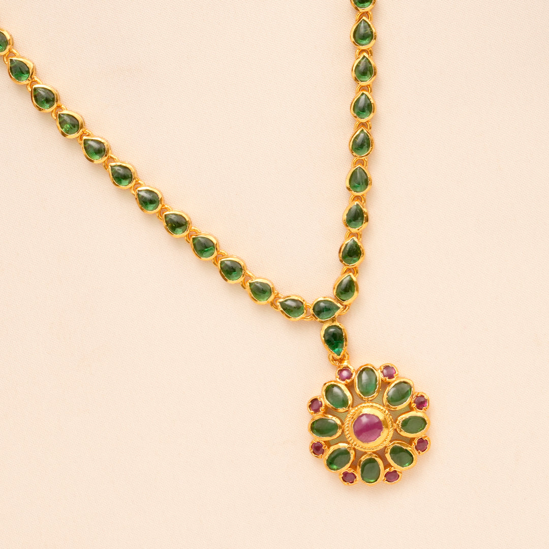 Vintage Style Ruby Emerald Blossom Golden Necklace