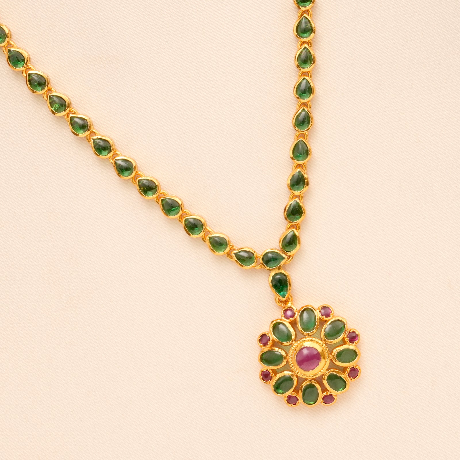 Vintage Style Ruby Emerald Blossom Golden Necklace