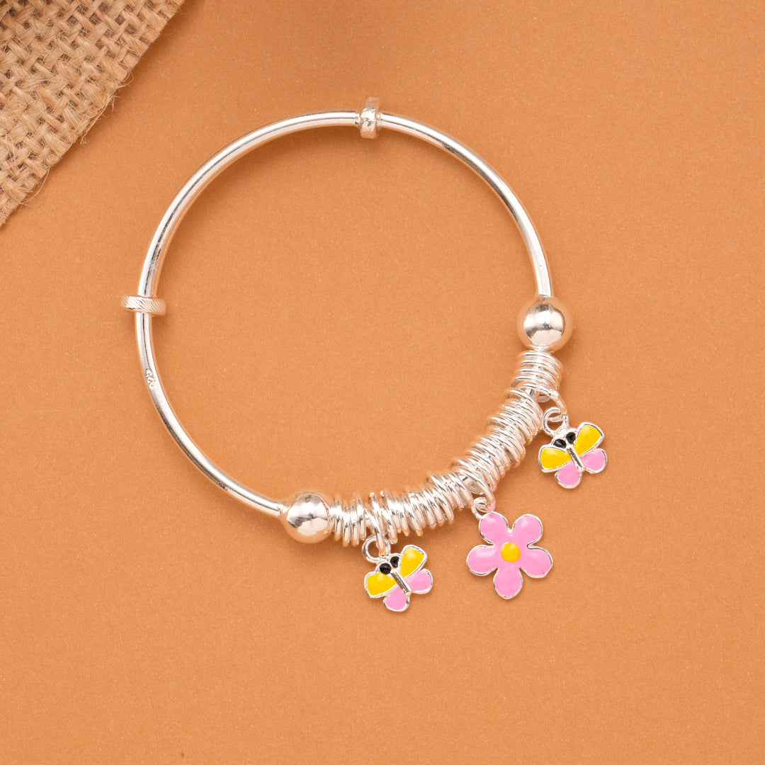 Butterfly & Pink Flower Charm Baby Silver Bangle