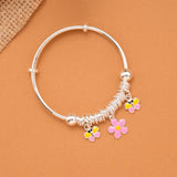 Butterfly & Pink Flower Charm Baby Silver Bangle