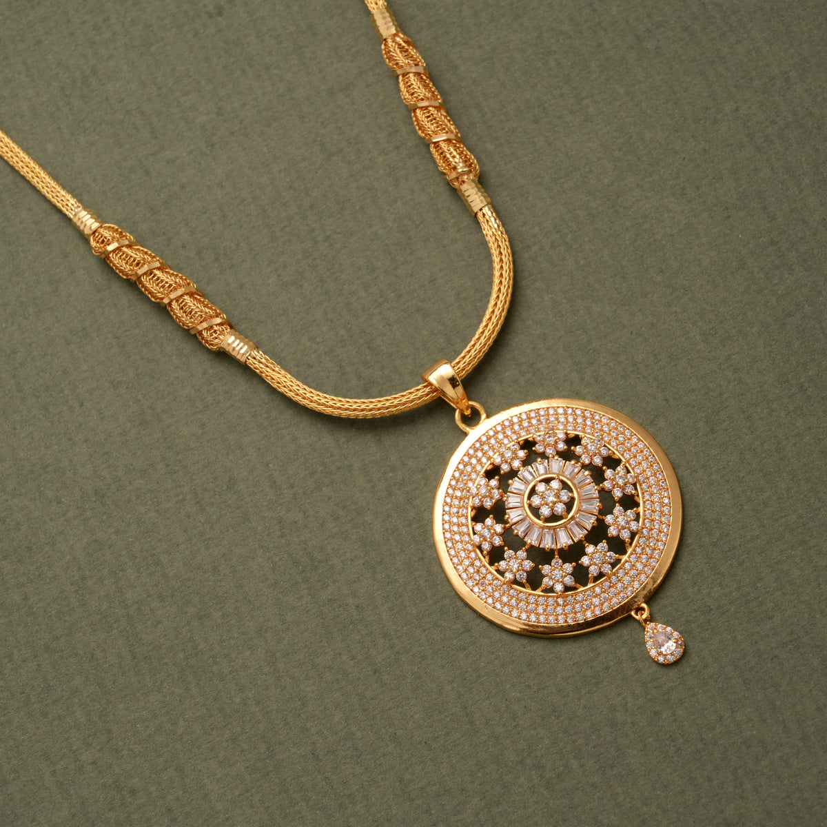 Intricate Round Floral Pendant Golden Necklace