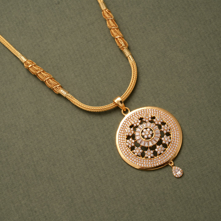 Intricate Round Floral Pendant Golden Necklace