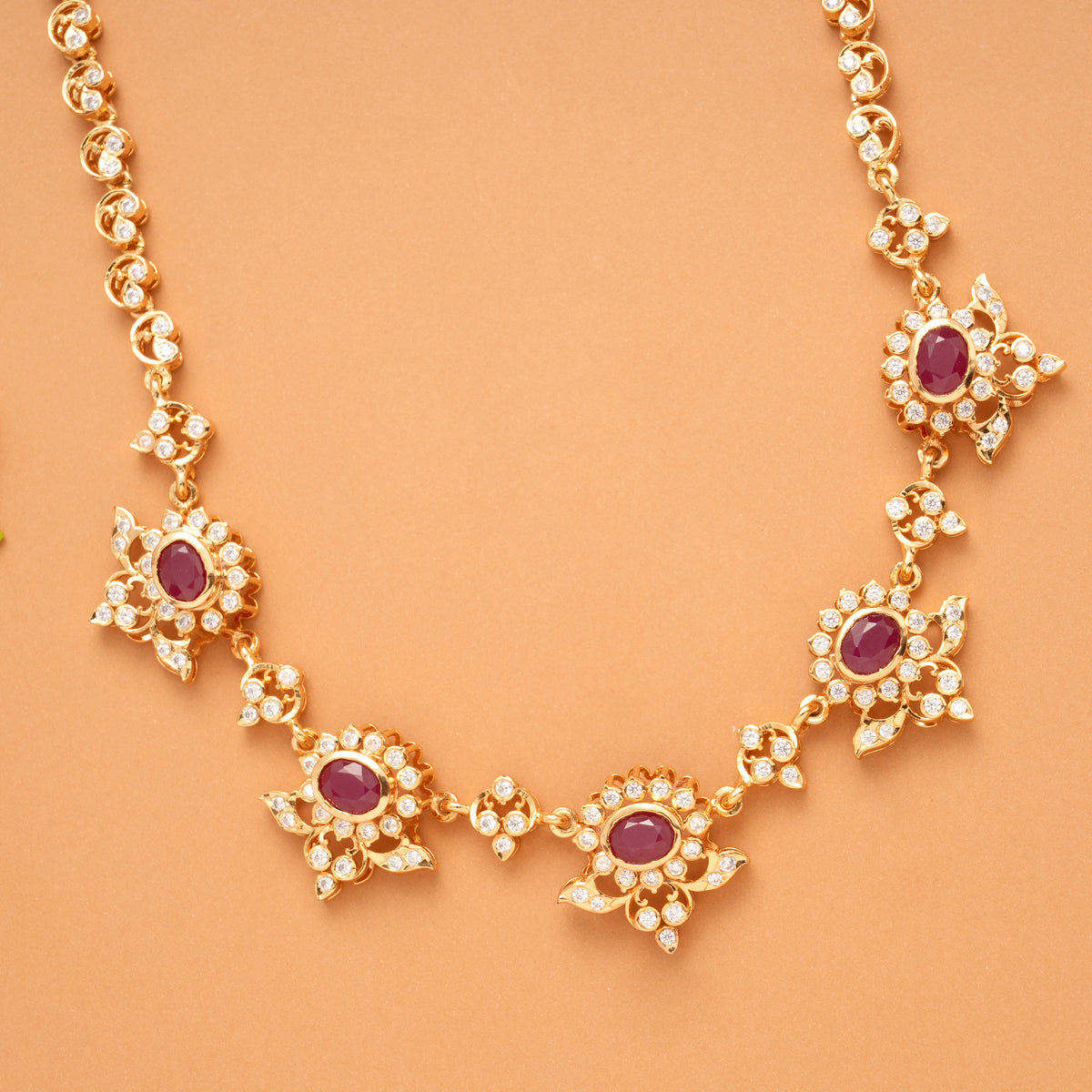 Blossom Ruby Floral White Stone Golden Necklace