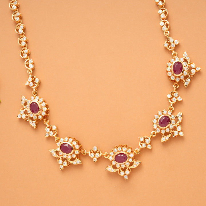 Blossom Ruby Floral White Stone Golden Necklace