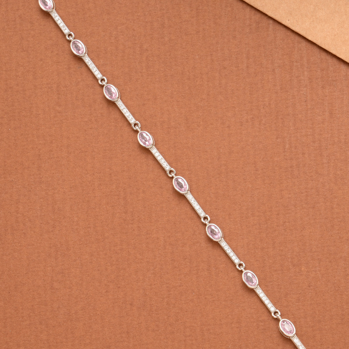 Trendy Baby Pink Oval Stone Silver Bracelet
