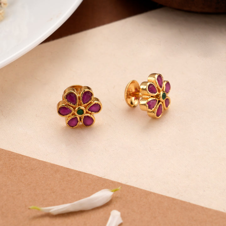 Blossom Ruby Design Golden Kundan Stud