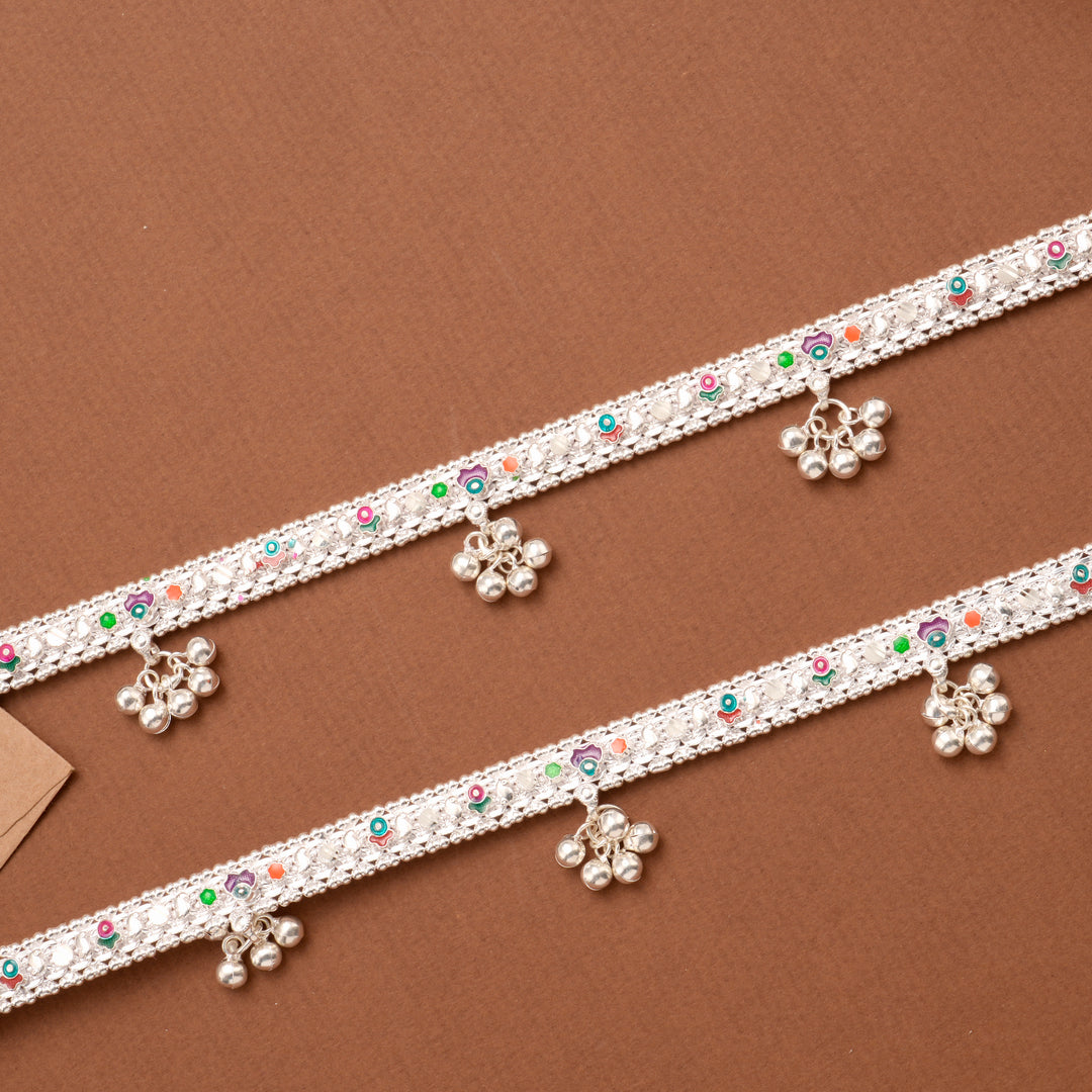 Classic Enamel Floral Bell Drop Silver Anklet