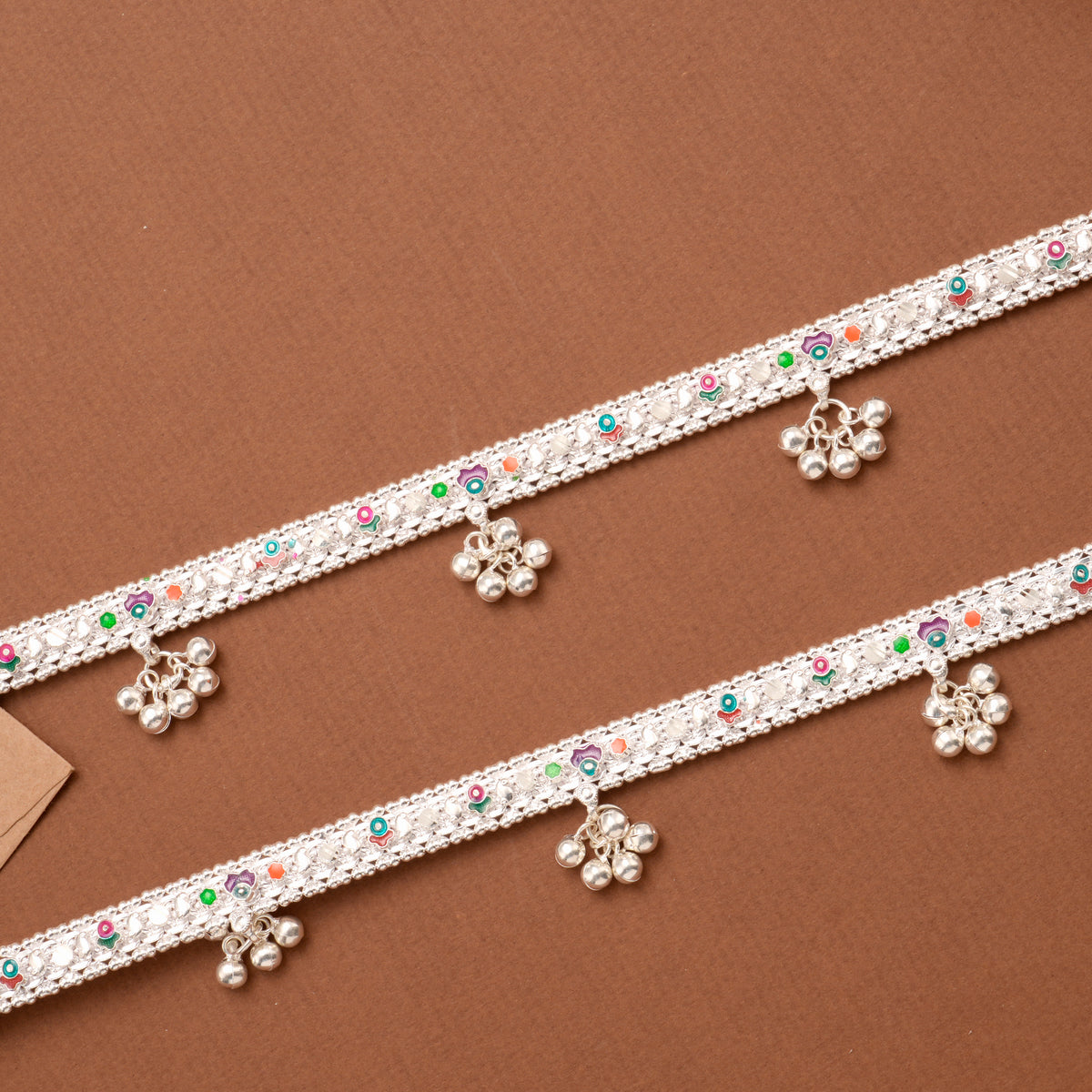Classic Enamel Floral Bell Drop Silver Anklet