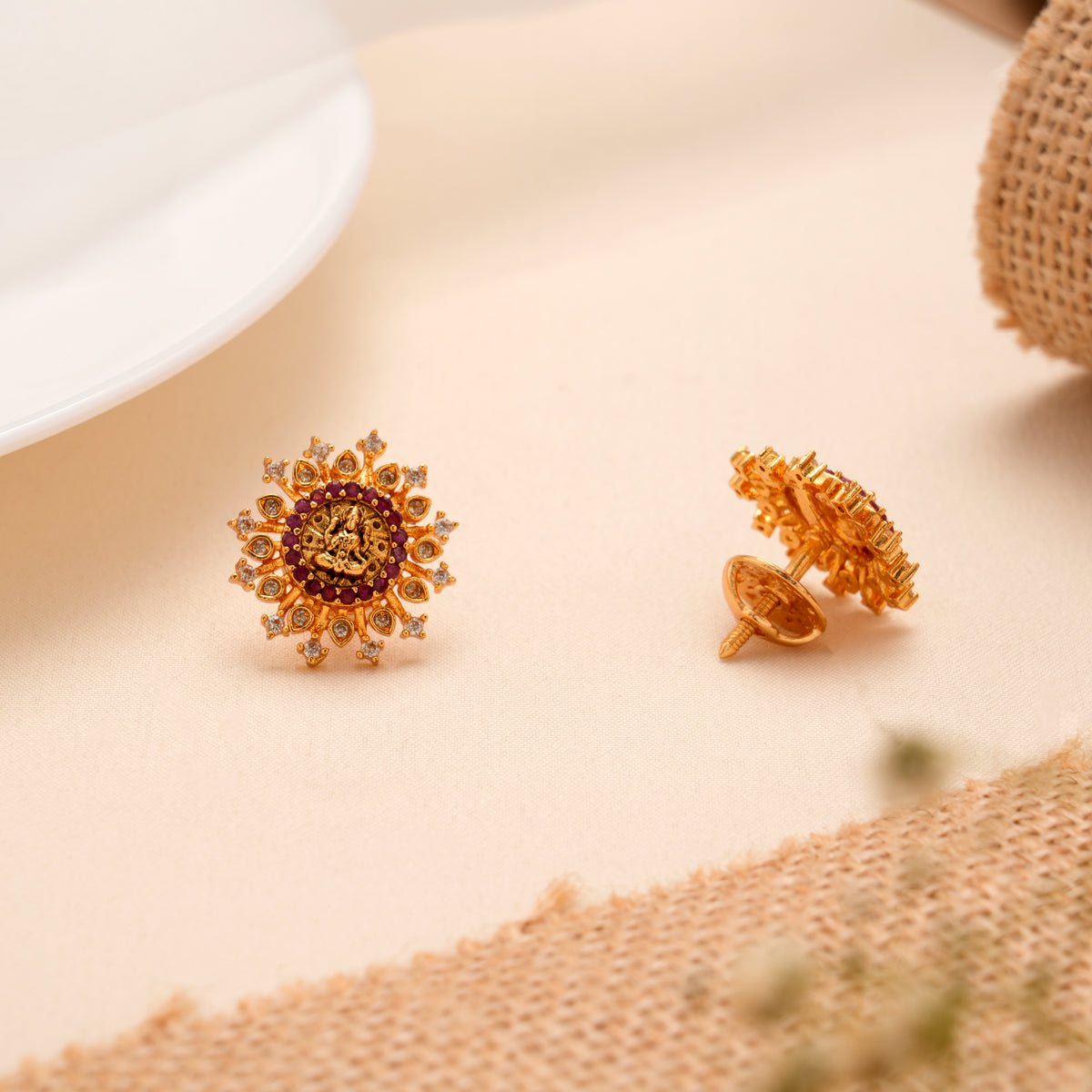 Temple Style Divine Lakshmi Ruby Golden Stud