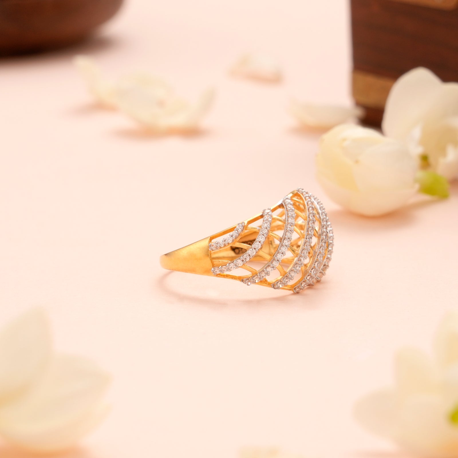 Gold Net Design Ring with Stones for Women