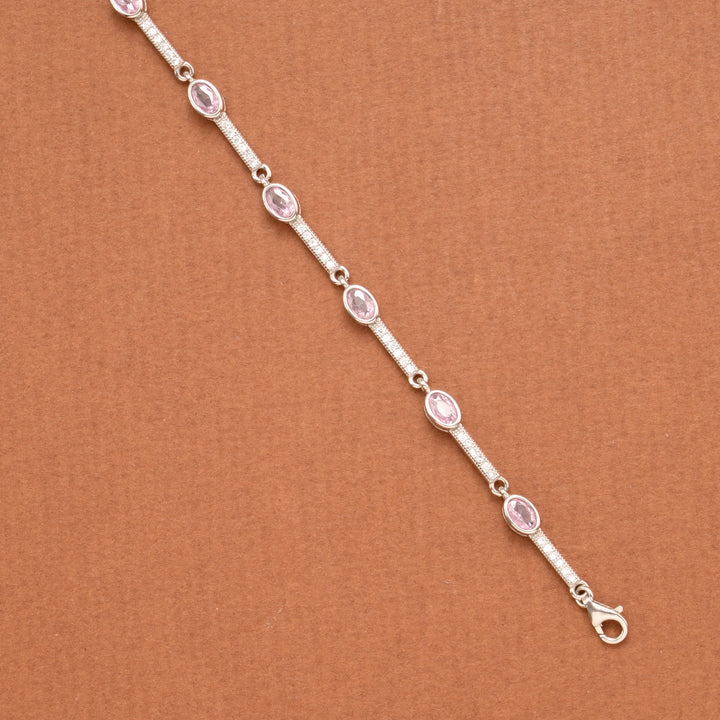 Trendy Baby Pink Oval Stone Silver Bracelet