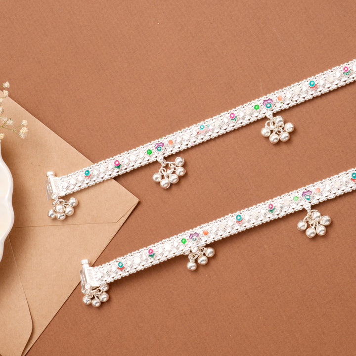 Classic Enamel Floral Bell Drop Silver Anklet