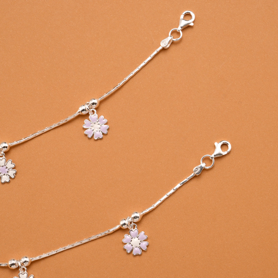 Floral Purple Enamel Silver Baby Anklets