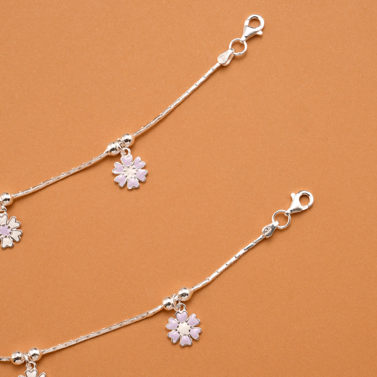 Floral Purple Enamel Silver Baby Anklets