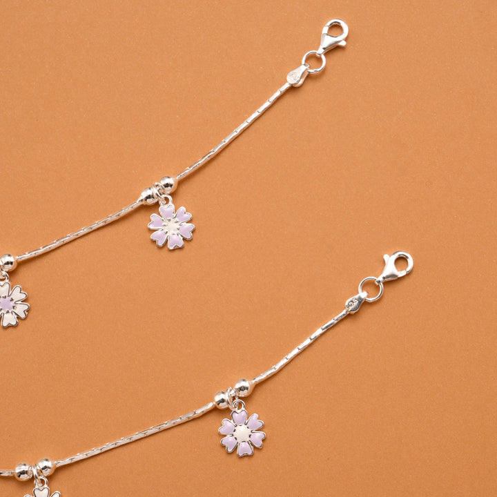 Floral Purple Enamel Silver Baby Anklets