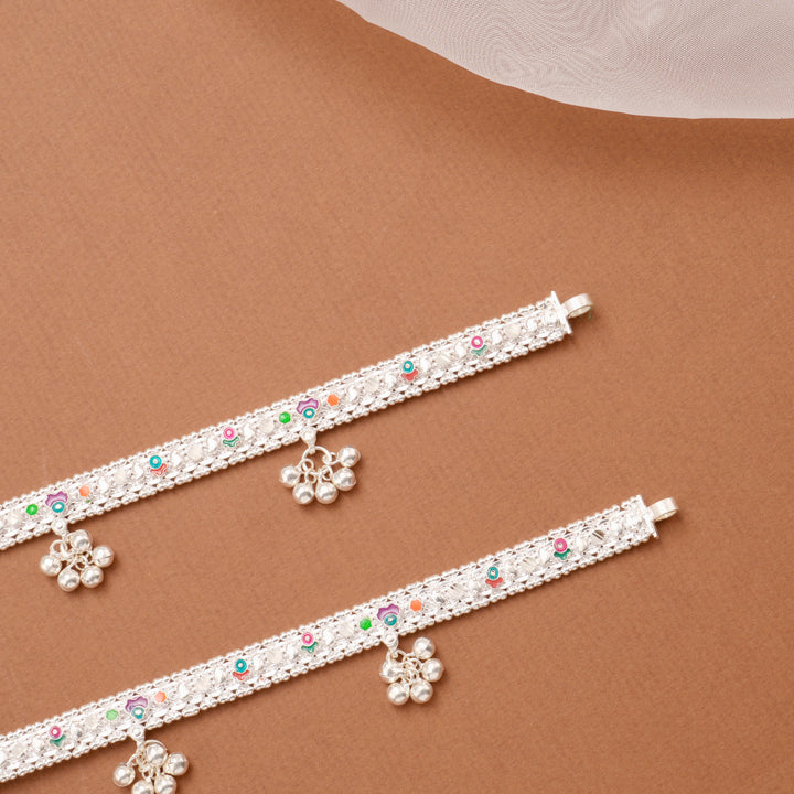 Classic Enamel Floral Bell Drop Silver Anklet