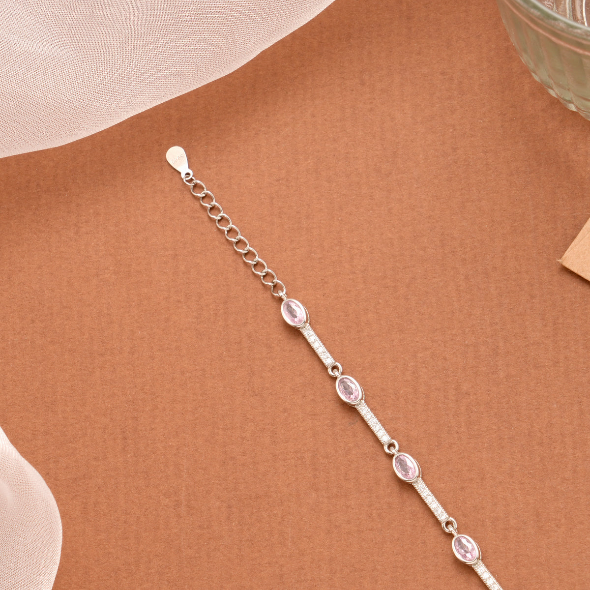 Trendy Baby Pink Oval Stone Silver Bracelet