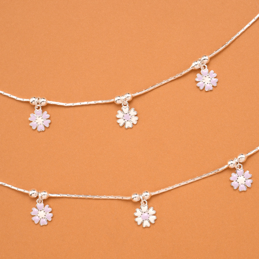 Floral Purple Enamel Silver Baby Anklets