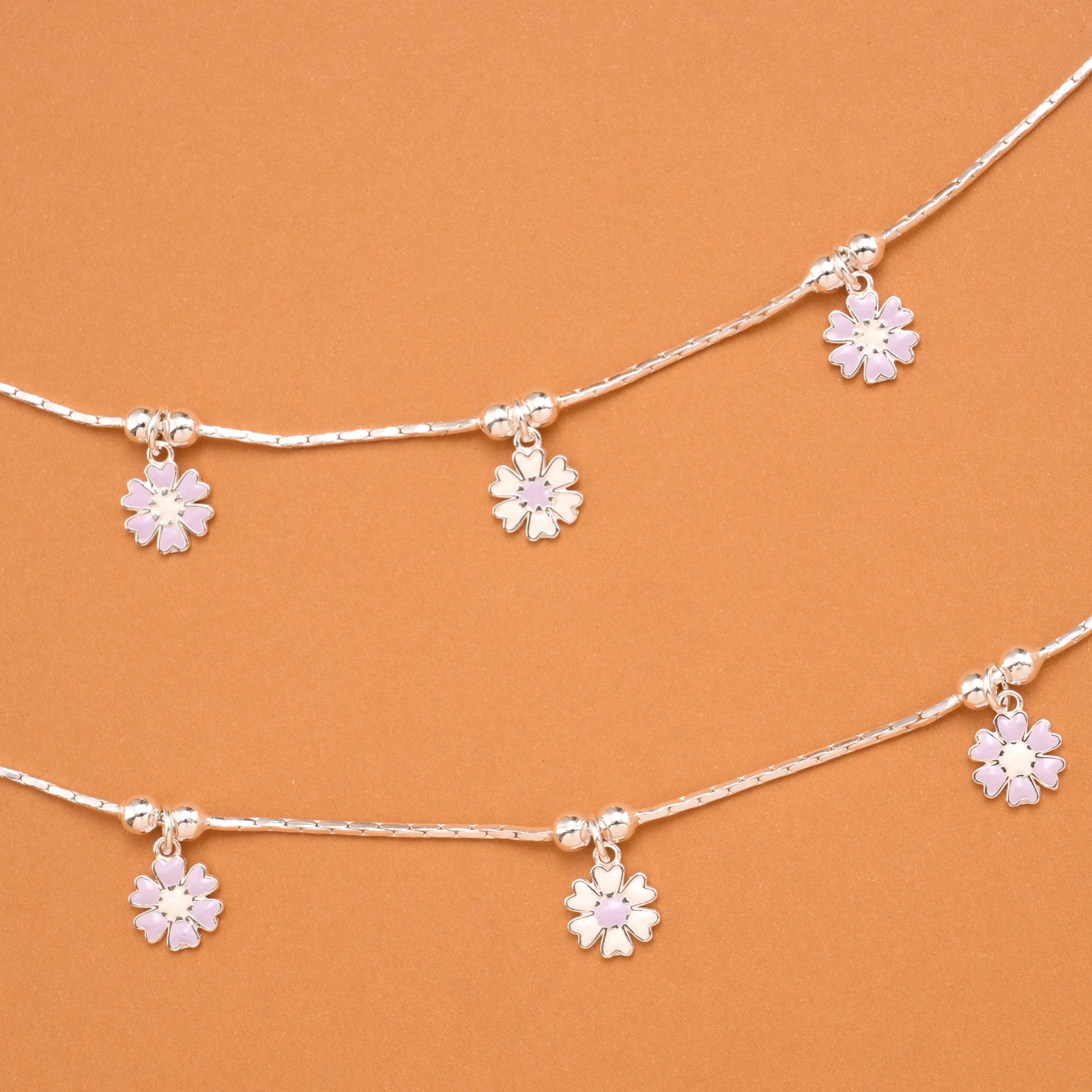 Floral Purple Enamel Silver Baby Anklets