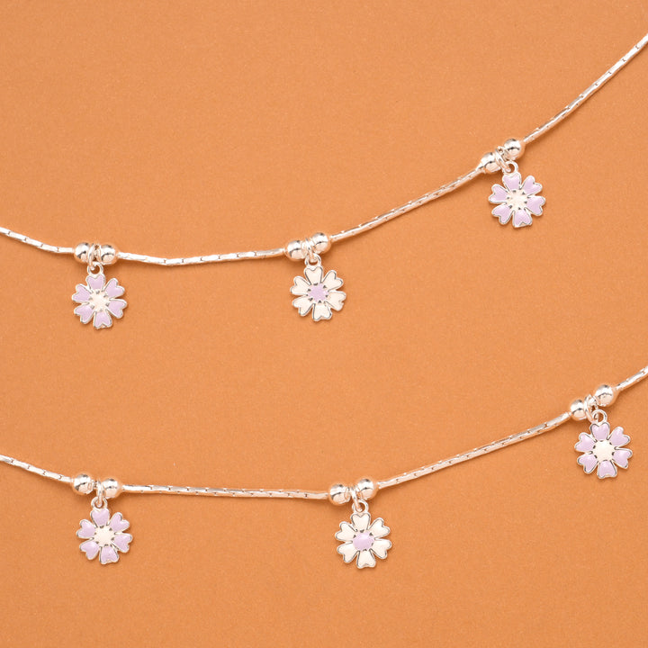 Floral Purple Enamel Silver Baby Anklets