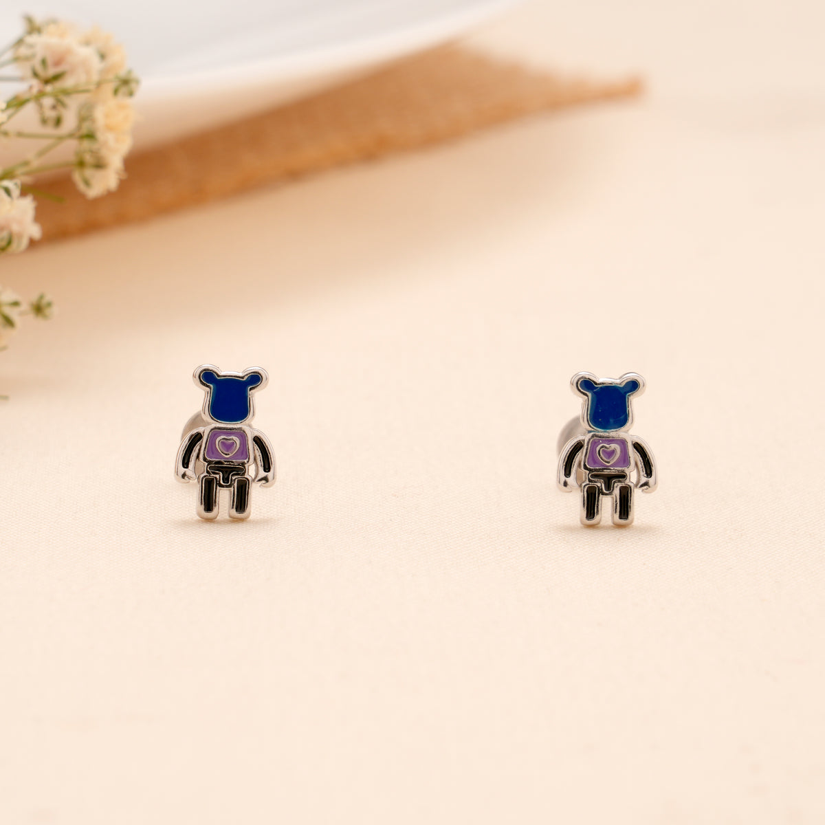 Blue Teddy Robot Enamel Silver Stud
