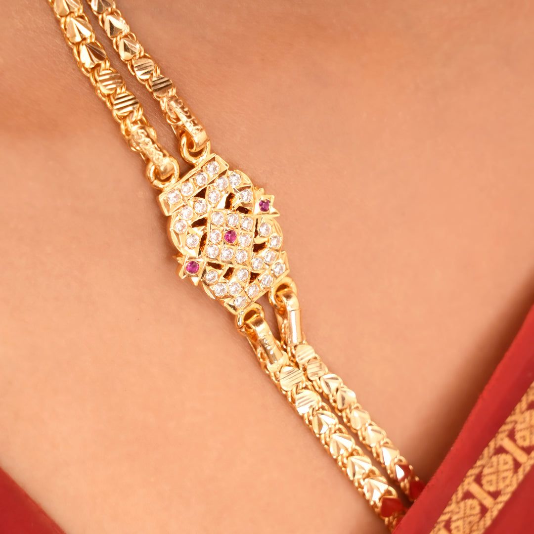 Rettai Vadam Pink Stone Silver Mugappu Chain