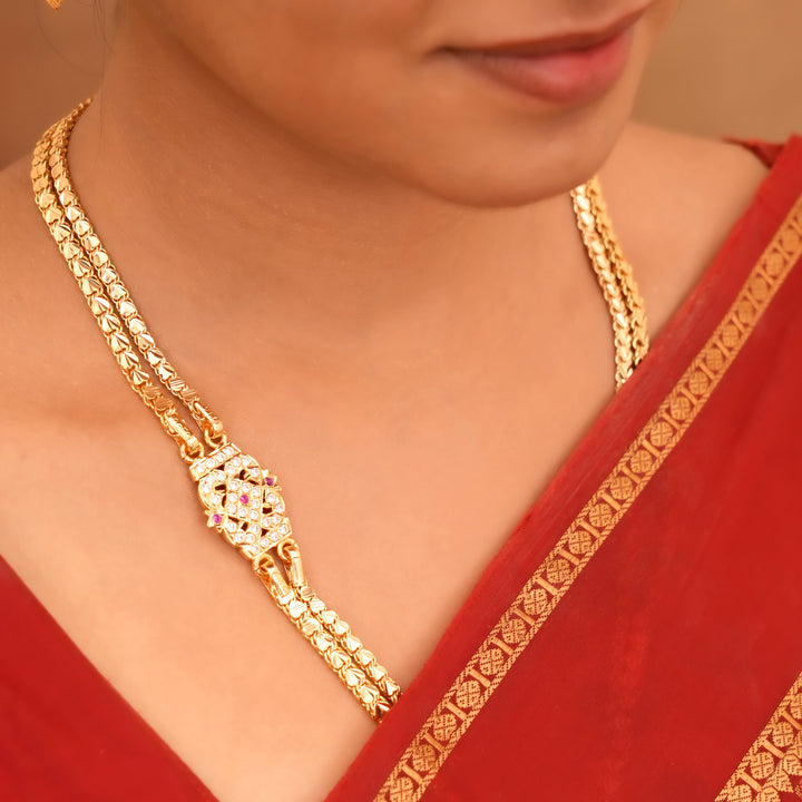 Rettai Vadam Pink Stone Silver Mugappu Chain