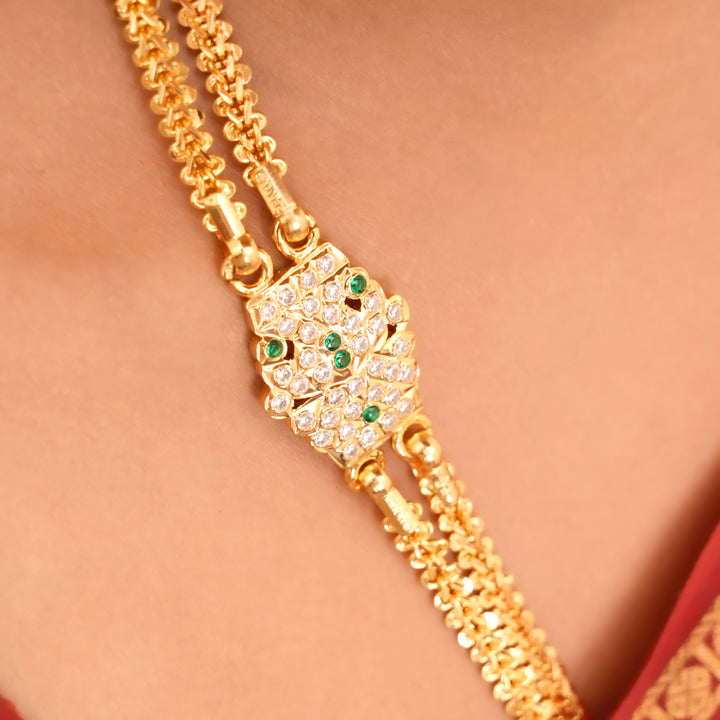 Green Stone Silver Rettai Vadam Mugappu Chain