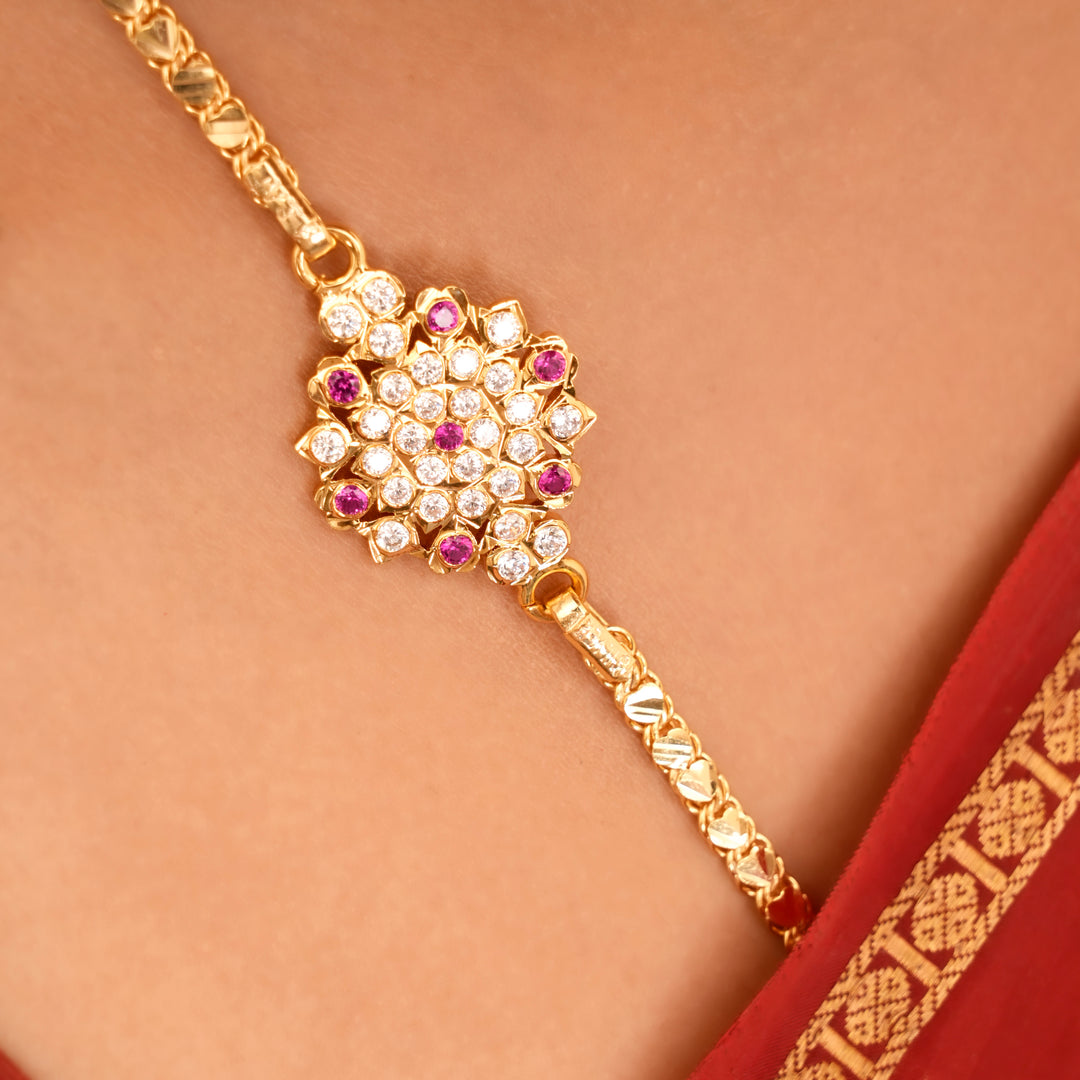 Floral Design White Stone Silver Mugappu Chain