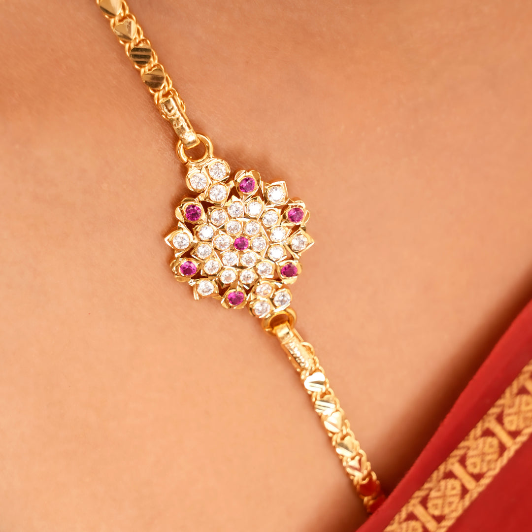 Floral Design White Stone Silver Mugappu Chain