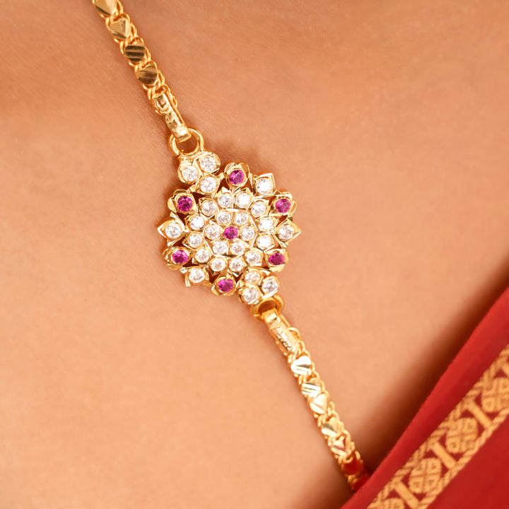 Floral Design White Stone Silver Mugappu Chain