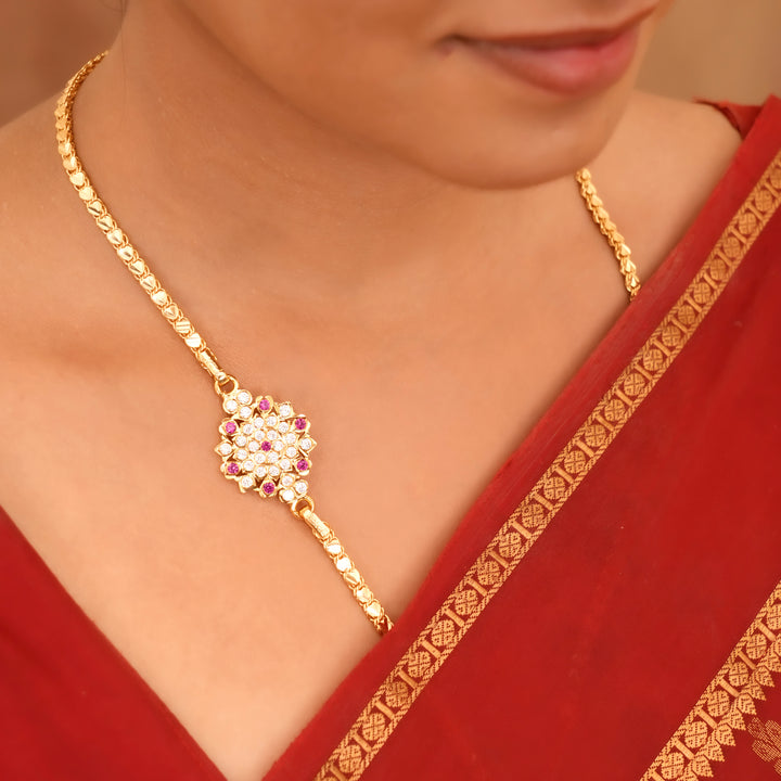 Floral Design White Stone Silver Mugappu Chain