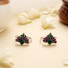 Green Square Ruby Bloom Silver Toe Ring