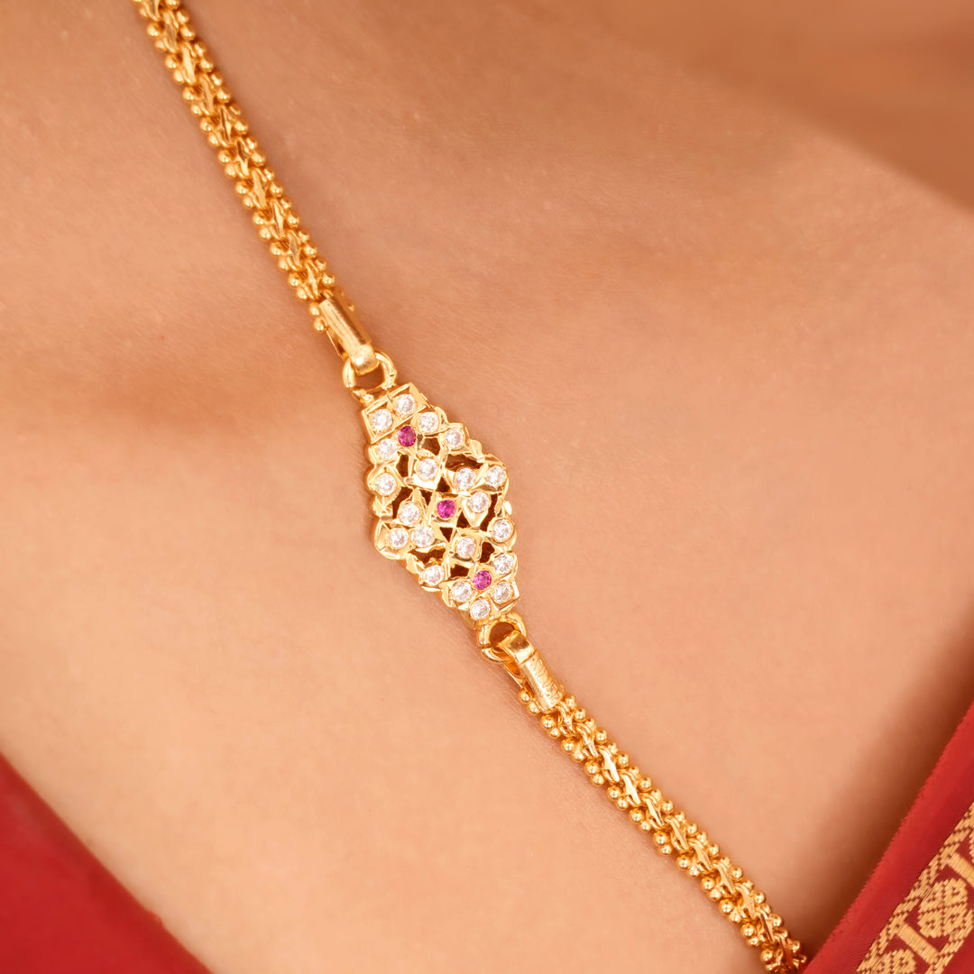 Pink and White Stone Silver Mugappu Chain