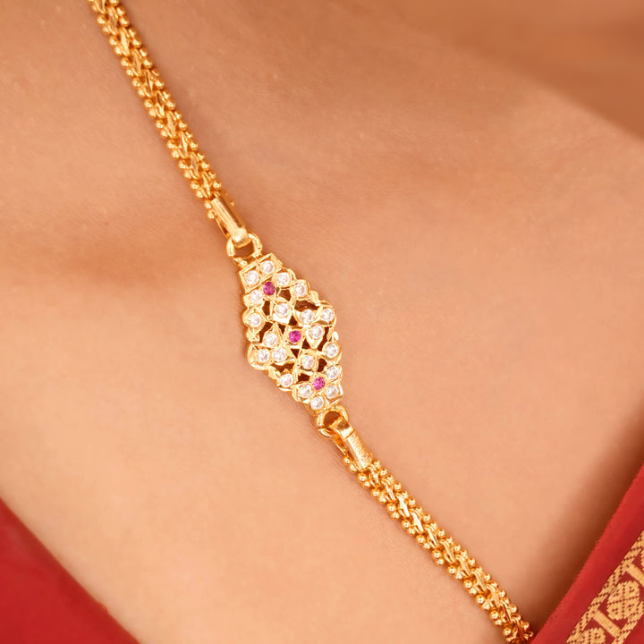 Pink and White Stone Silver Mugappu Chain