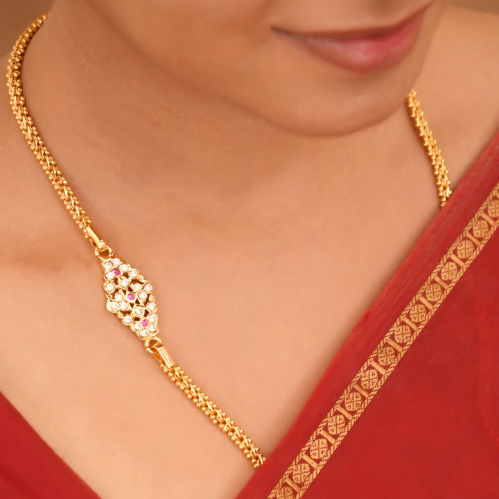 Pink and White Stone Silver Mugappu Chain