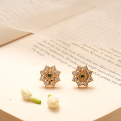 Traditional Floral Emerald Kundan Golden Stud