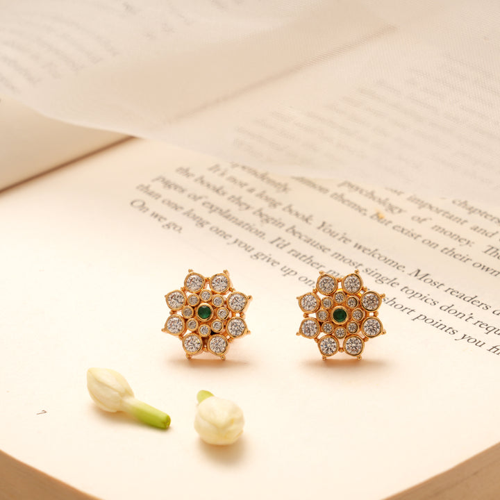 Traditional Floral Emerald Kundan Golden Stud