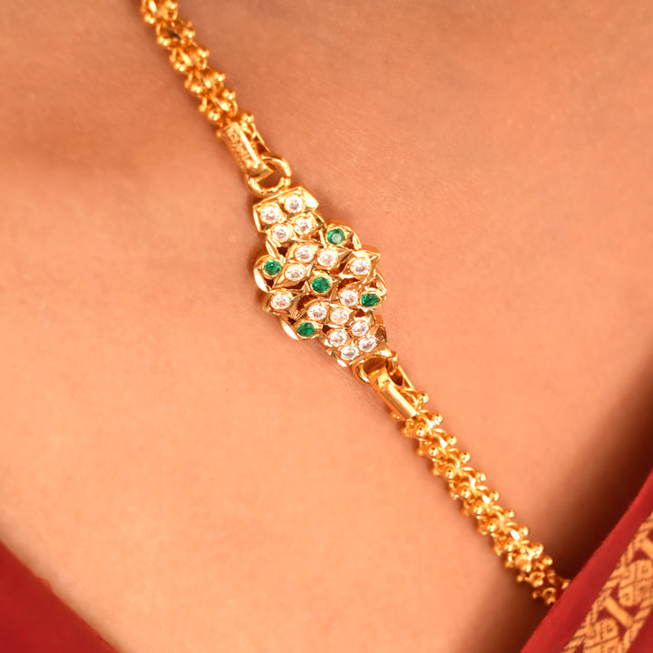 Green and White Stone Silver Mugappu Chain