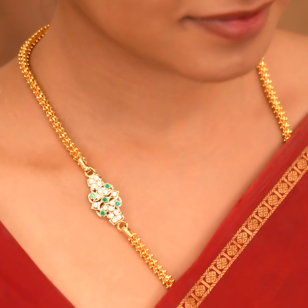Green and White Stone Silver Mugappu Chain