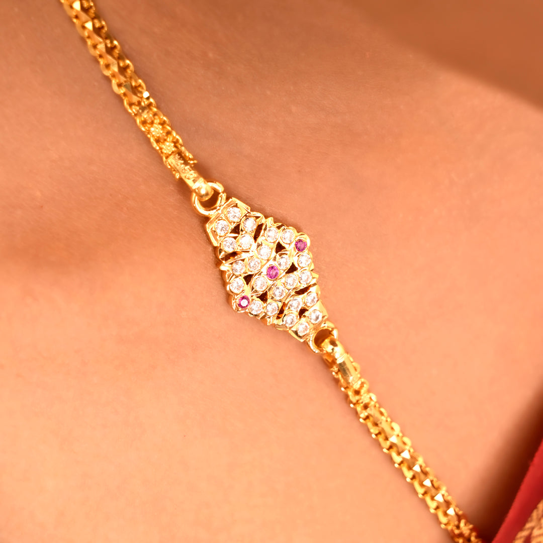Single Line Pink Stone Silver Mugappu Chain