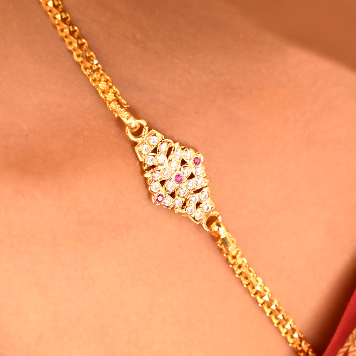 Single Line Pink Stone Silver Mugappu Chain