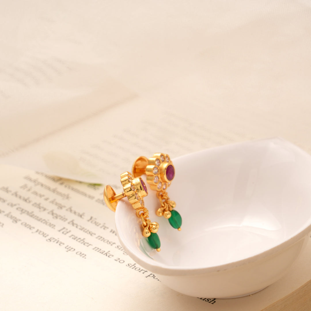 Sunflower Ruby and Emerald Beads Golden Earring
