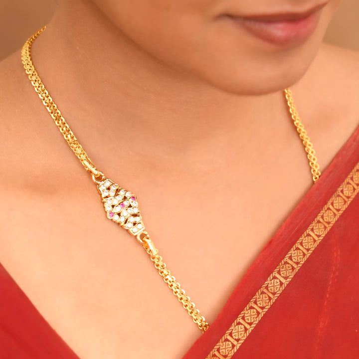 Single Line Pink Stone Silver Mugappu Chain